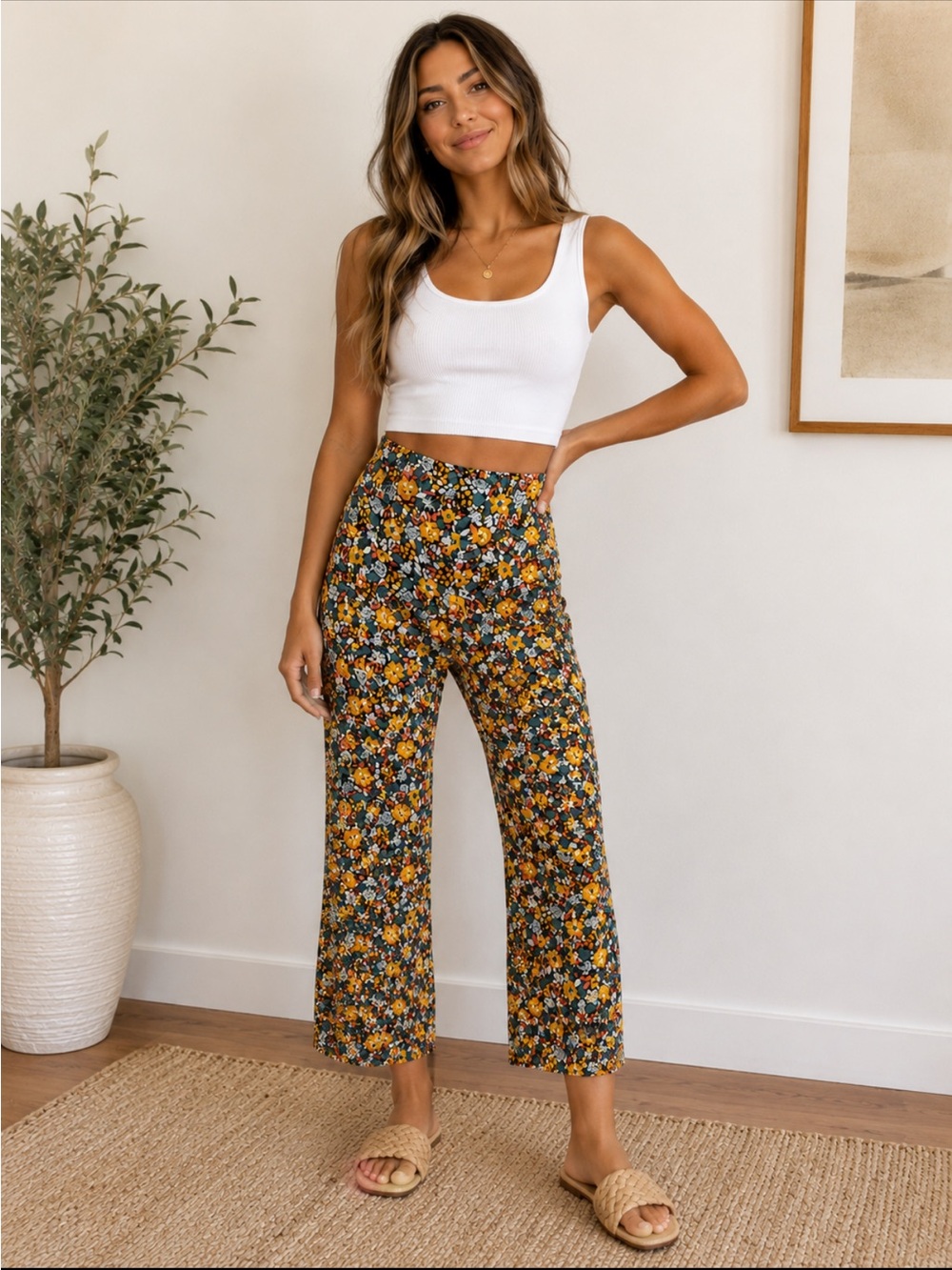 O'Neill Floral Wide-Leg Pants in Yellow & Black Multi